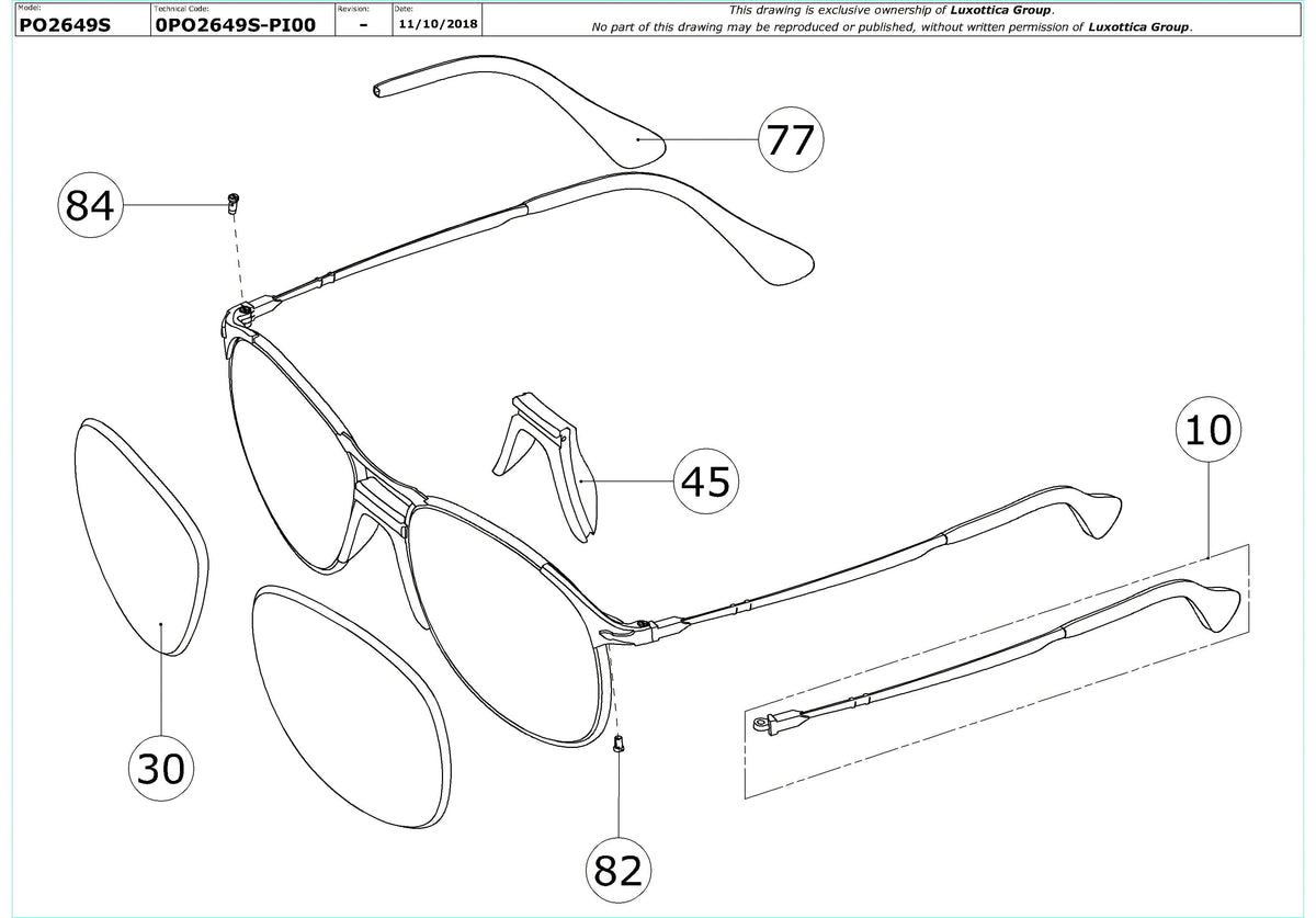 Exploded technical drawing of the Persol PO2649S Replacement Parts, with each replacement part numbered
