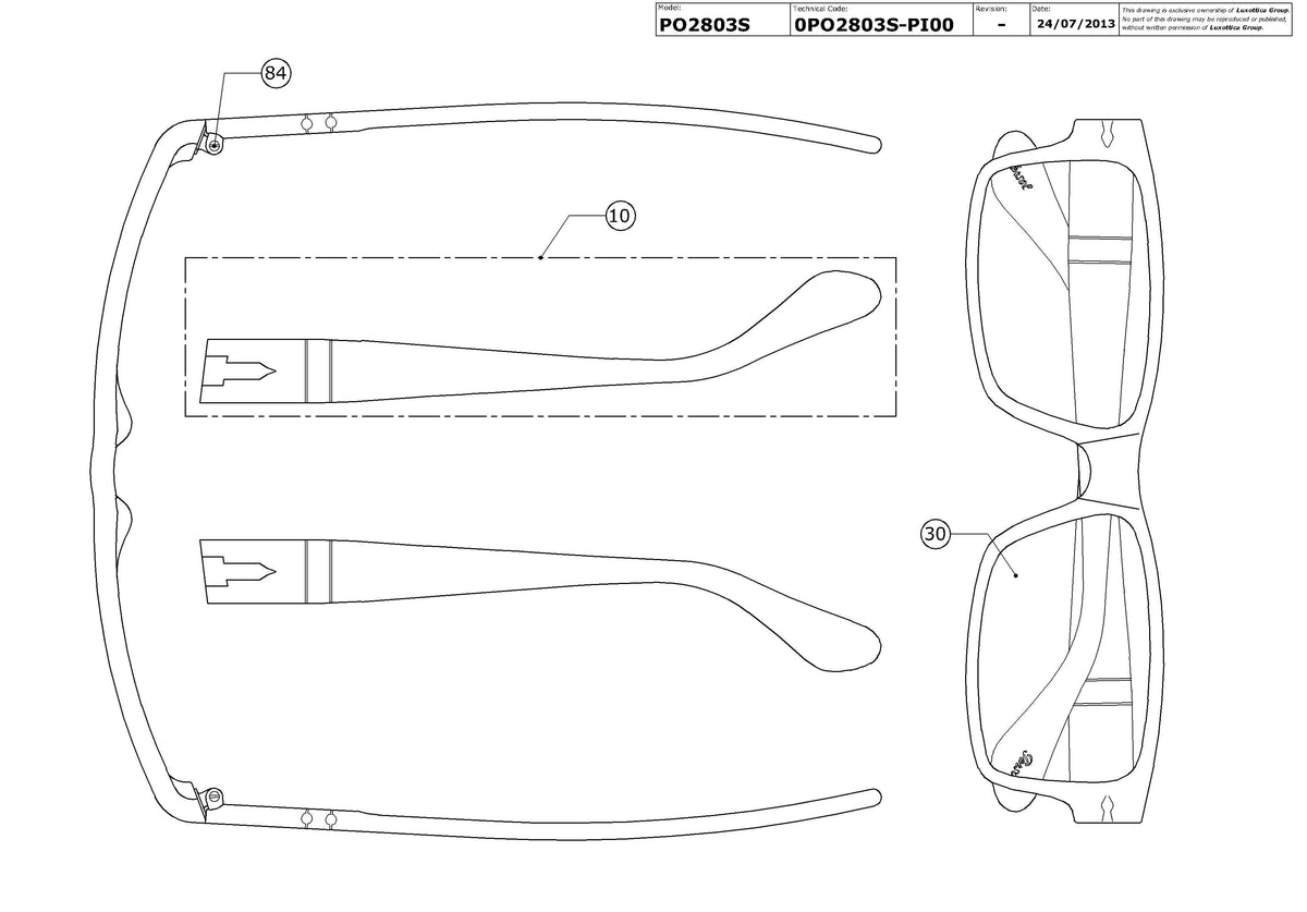 Exploded technical drawing of the Persol PO2803S Replacement Parts, with each replacement part numbered