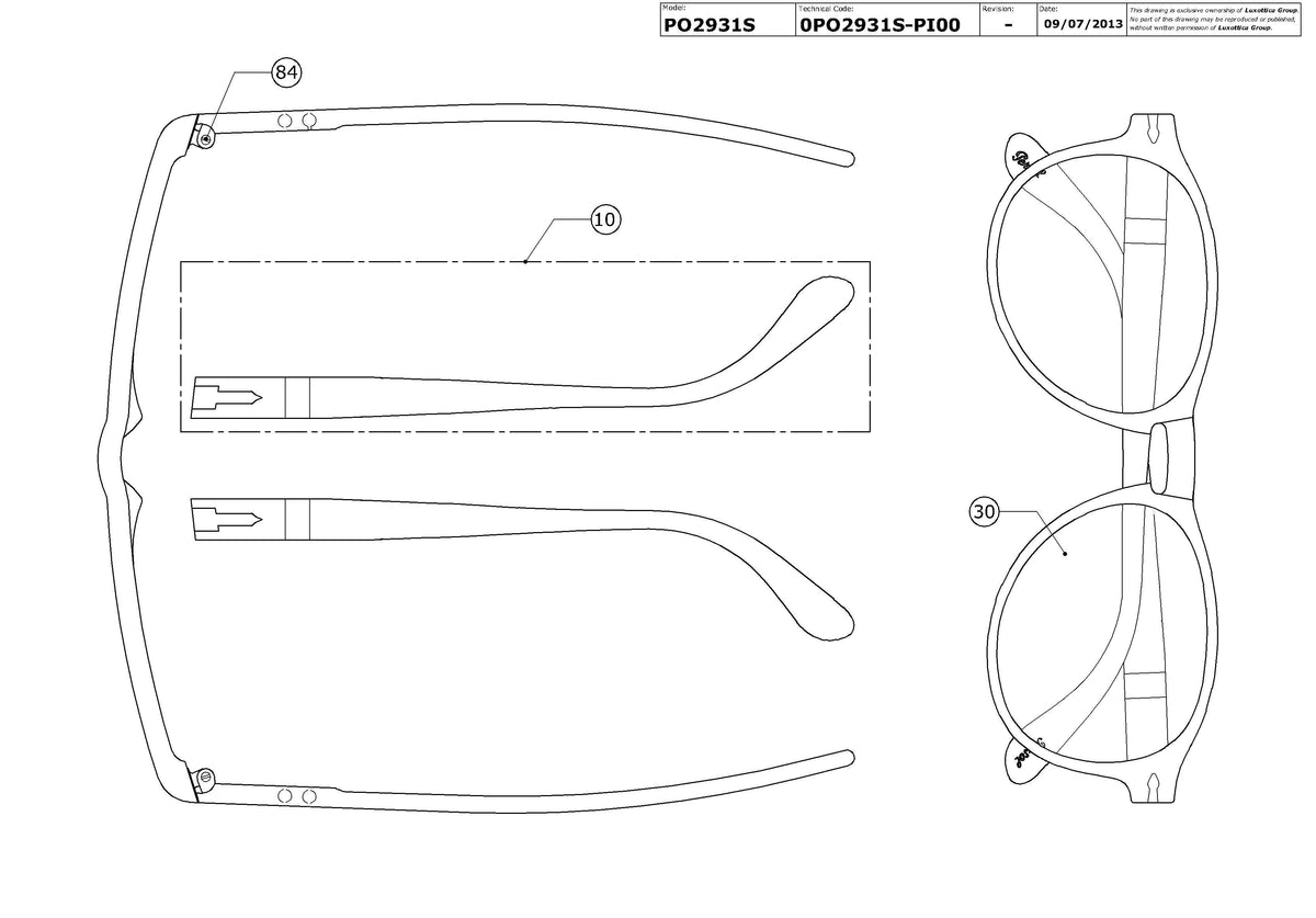 Exploded technical drawing of the Persol PO2931S Replacement Parts, with each replacement part numbered