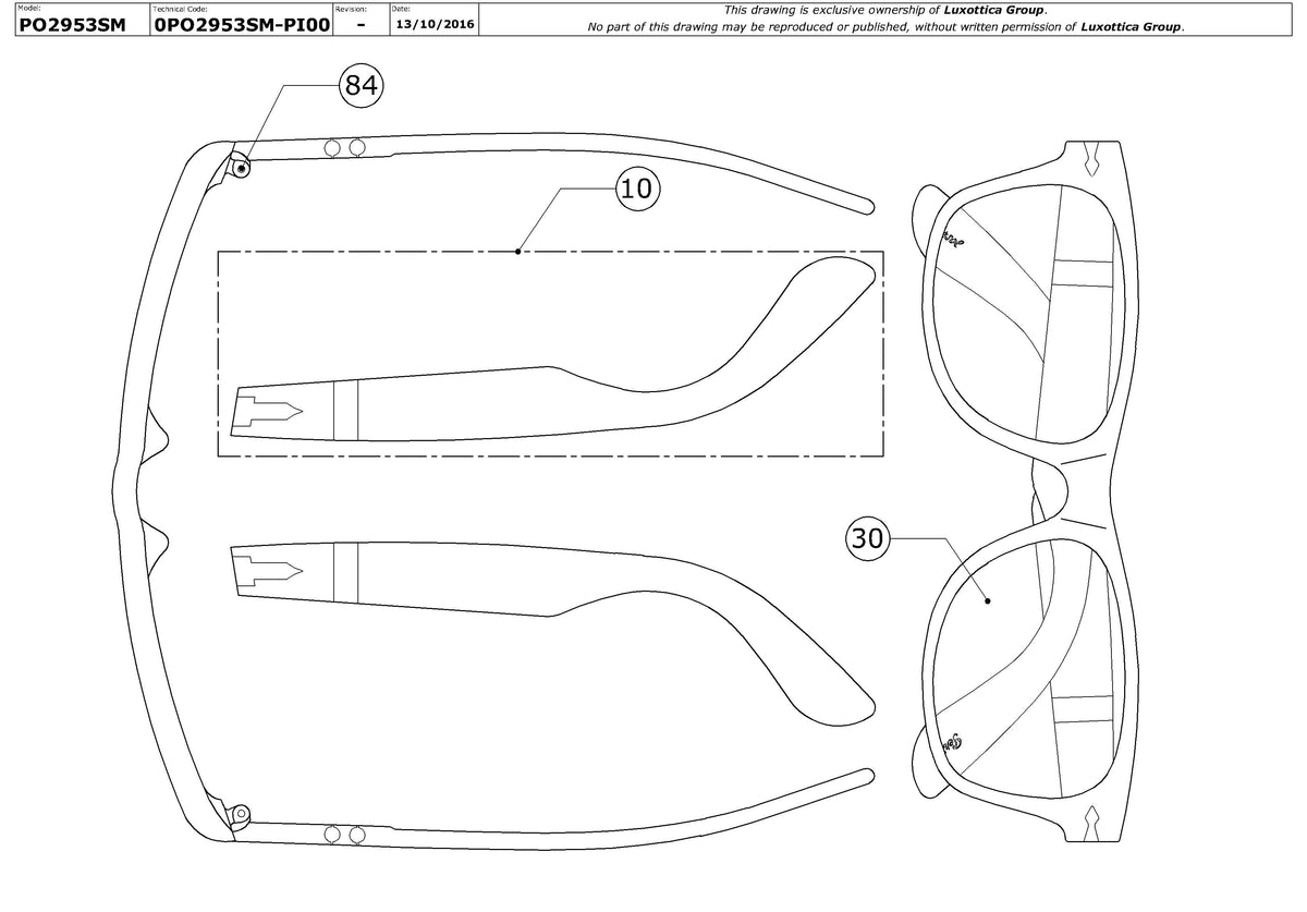 Exploded technical drawing of the Persol PO2953S Replacement Parts, with each replacement part numbered