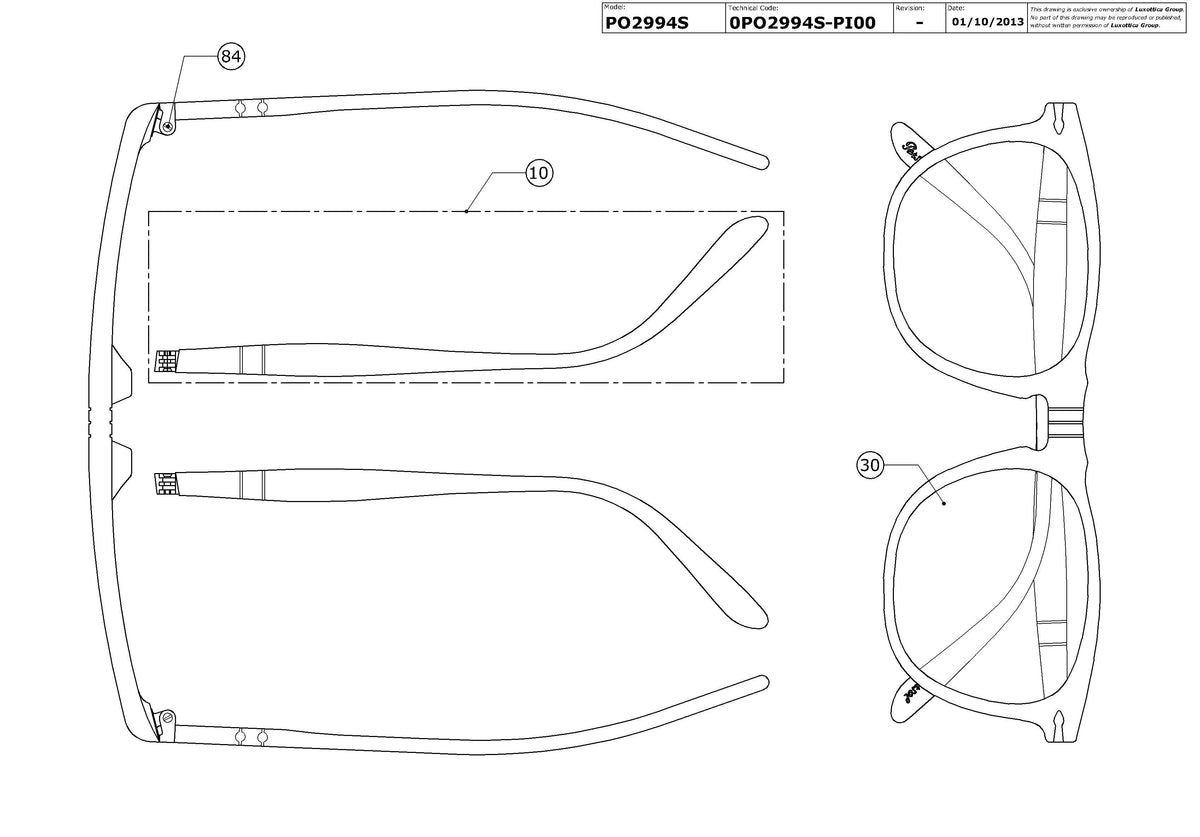 Exploded technical drawing of the Persol PO2994S Replacement Parts, with each replacement part numbered