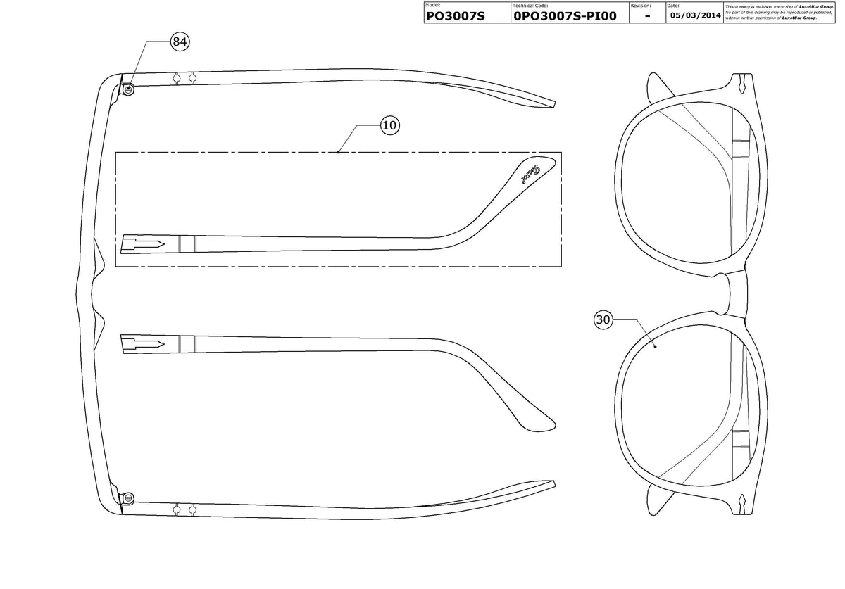 Enlarged technical drawing of the Persol PO3007S Replacement Parts