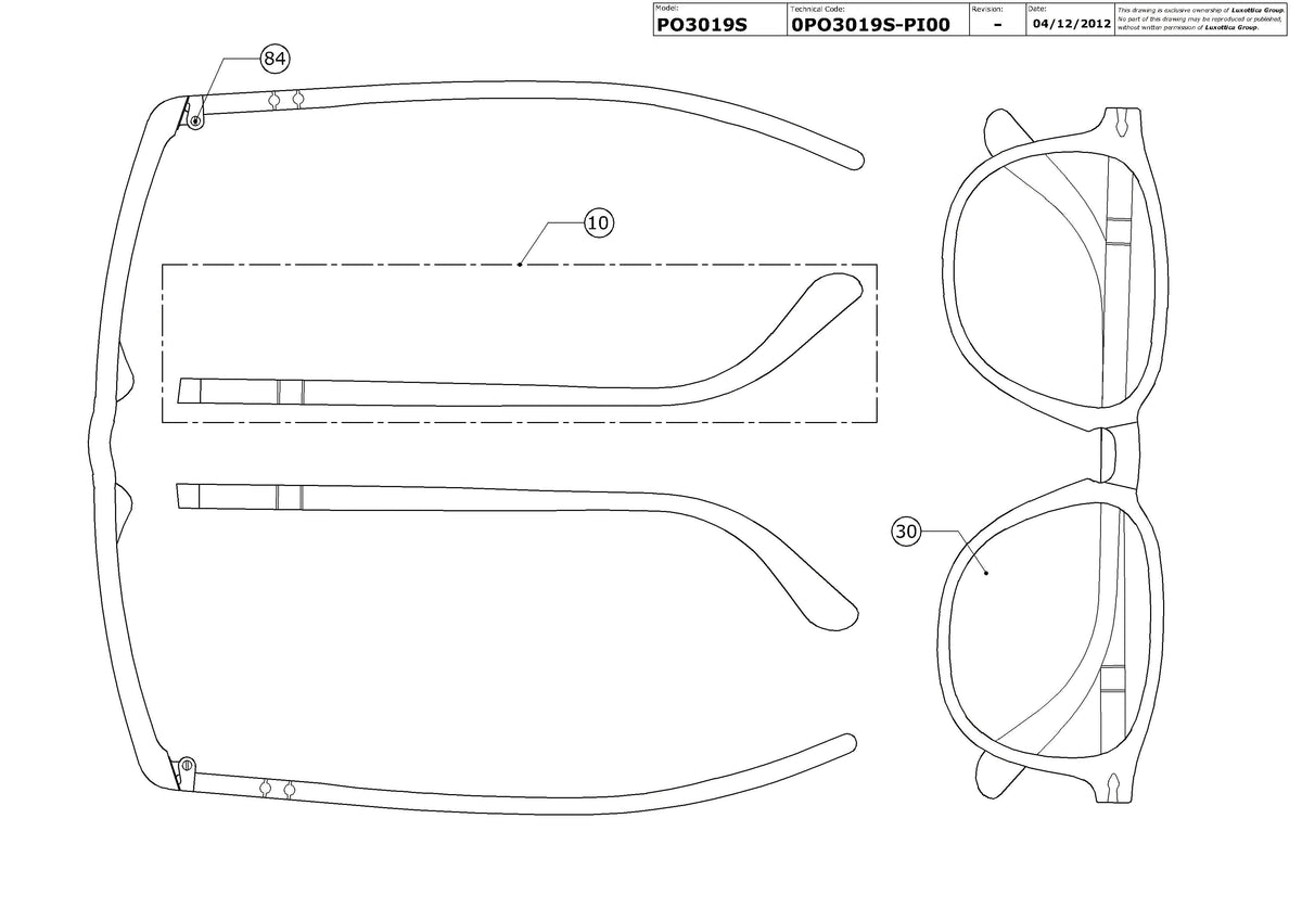 Enlarged technical drawing of the Persol PO3019S Replacement Parts