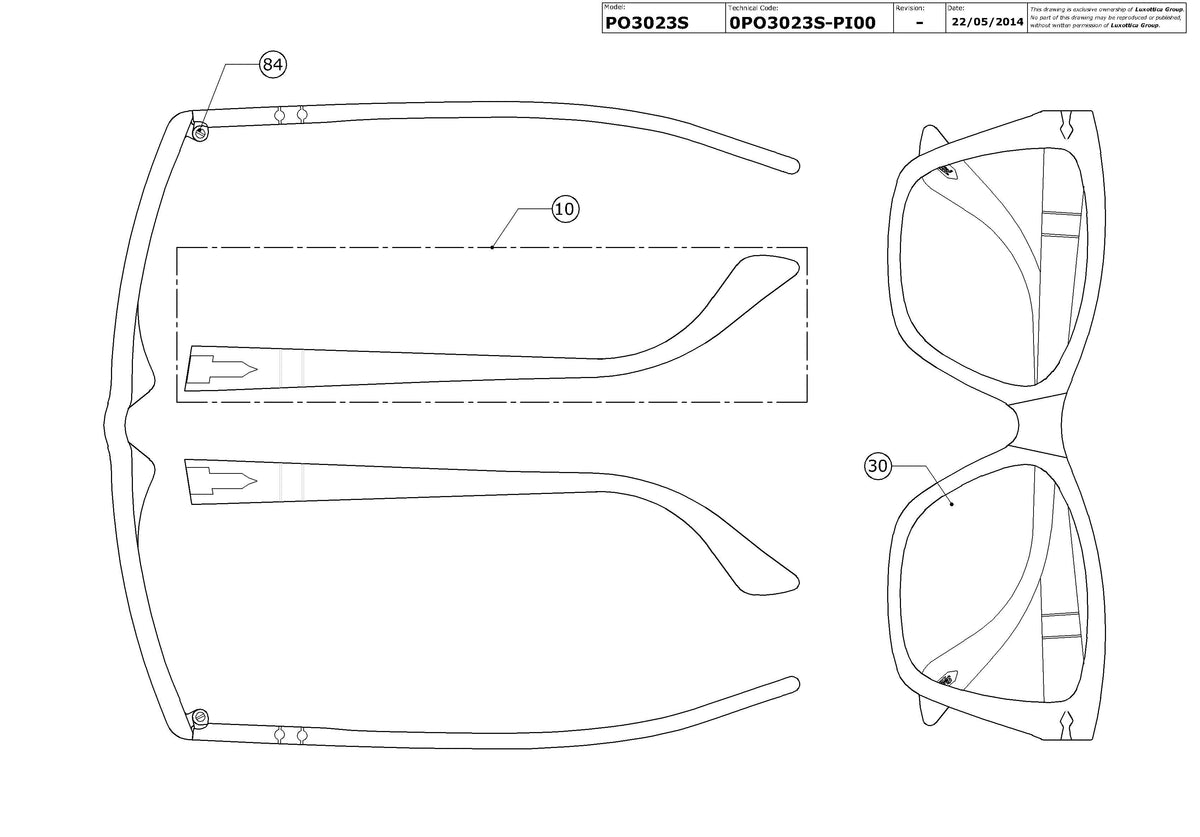 Exploded technical drawing of the Persol PO3023S Replacement Parts, with each replacement part numbered