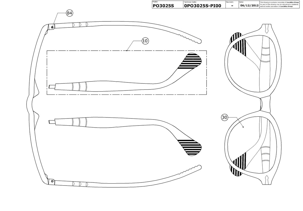 Enlarged technical drawing of the Persol PO3025S Replacement Parts