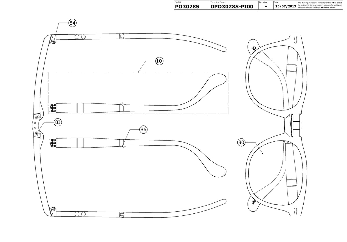 Enlarged technical drawing of the Persol PO3028S Replacement Parts