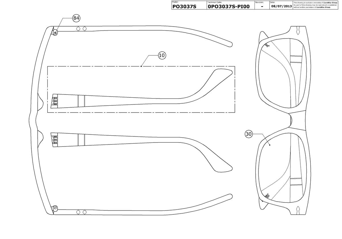 Exploded technical drawing of the Persol PO3037S Replacement Parts, with each replacement part numbered
