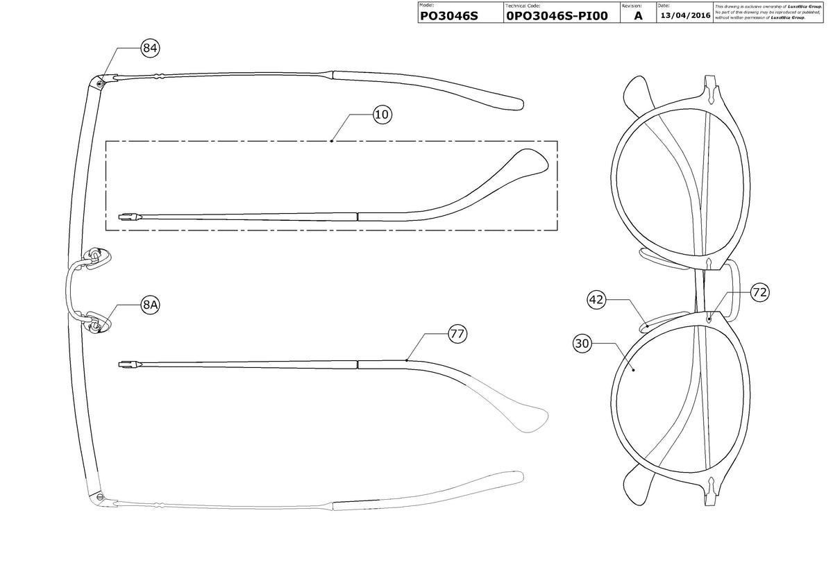 Enlarged technical drawing of the Persol PO3046S Replacement Parts