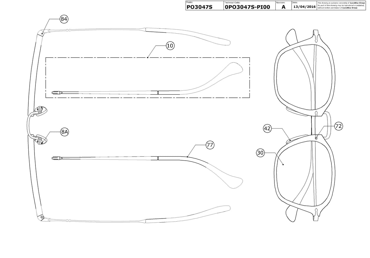 Enlarged technical drawing of the Persol PO3047S Replacement Parts