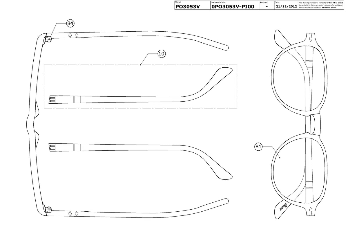 Exploded technical drawing of the Persol PO3053S Replacement Parts, with each replacement part numbered