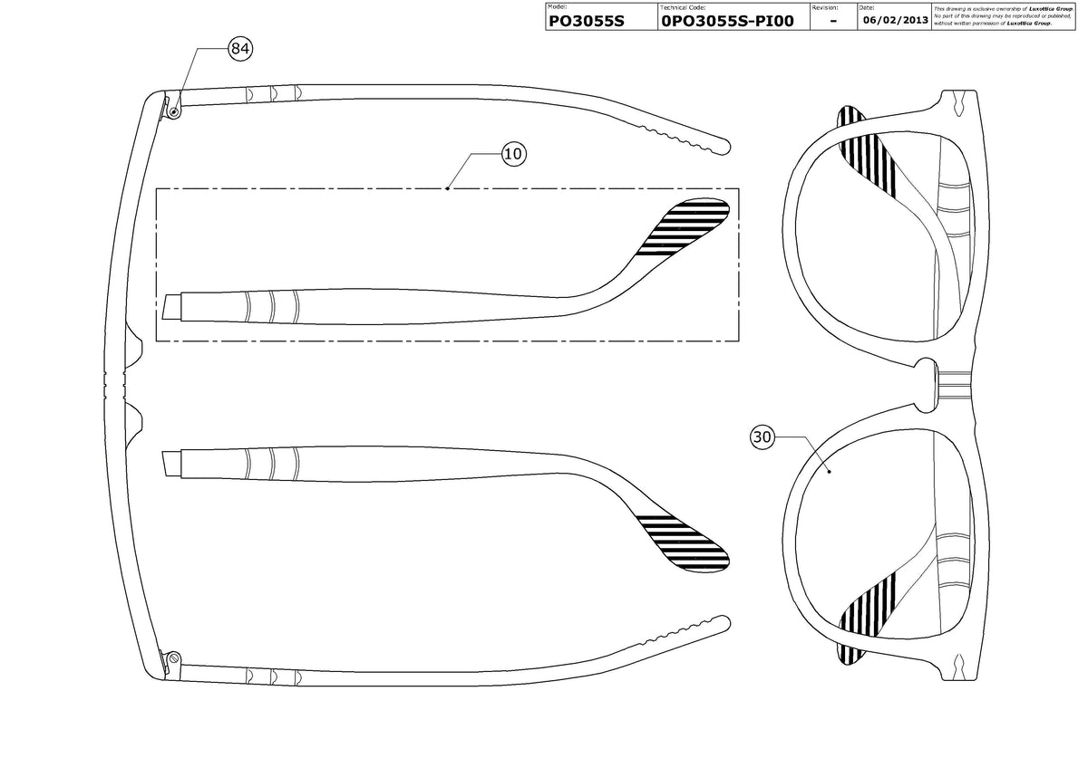 Enlarged technical drawing of the Persol PO3055S Replacement Parts