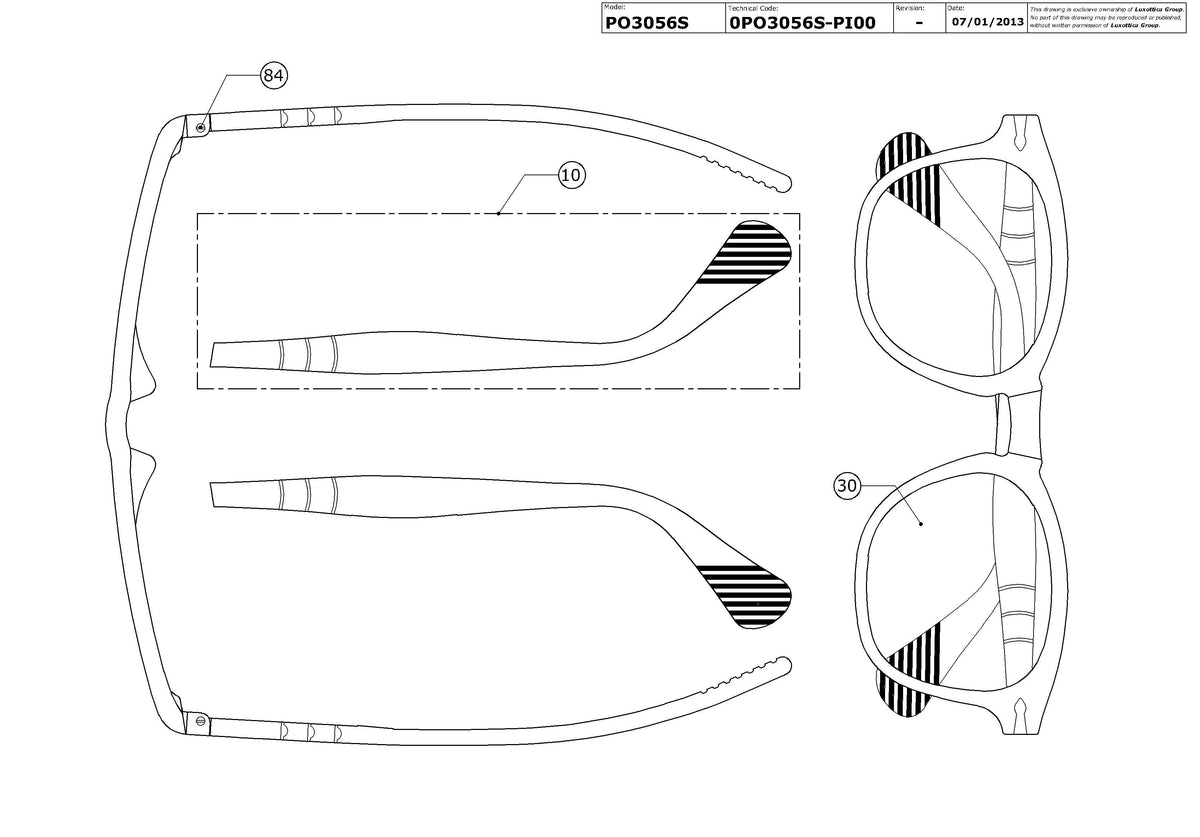 Exploded technical drawing of the Persol PO3056S Replacement Parts, with each replacement part numbered