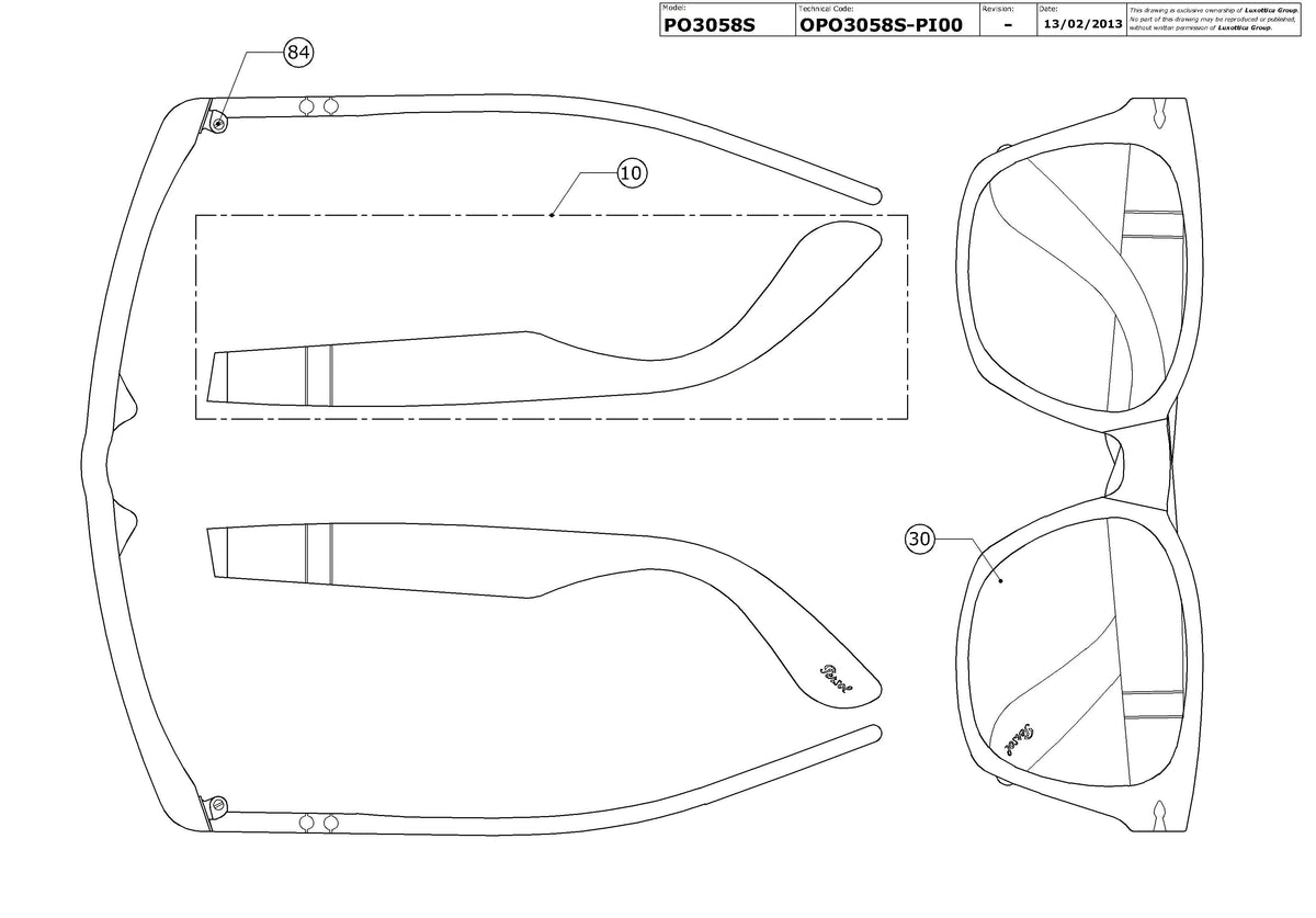 Exploded technical drawing of the Persol PO3058S Replacement Parts, with each replacement part numbered
