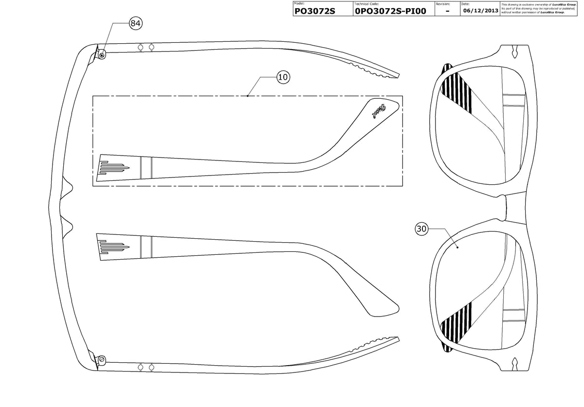 Exploded technical drawing of the Persol PO3072S Replacement Parts, with each replacement part numbered