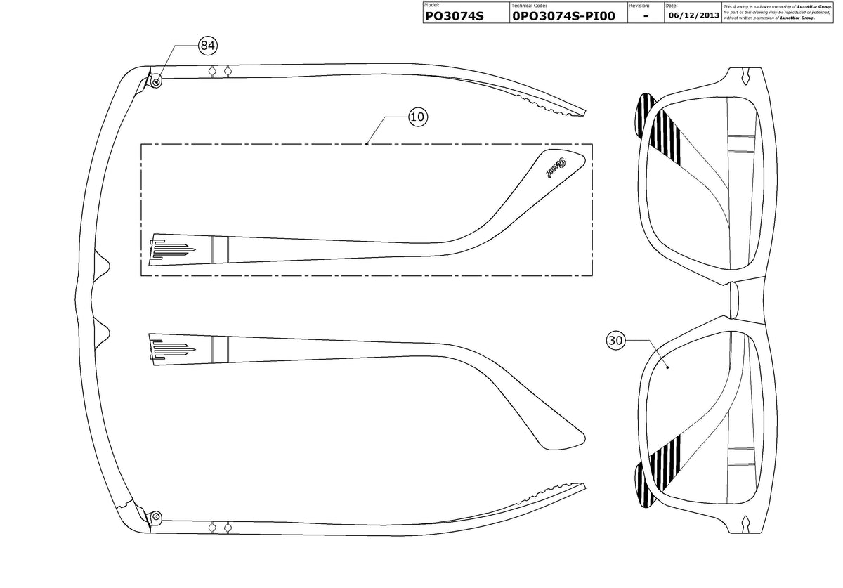 Exploded technical drawing of the Persol PO3074S Replacement Parts, with each replacement part numbered