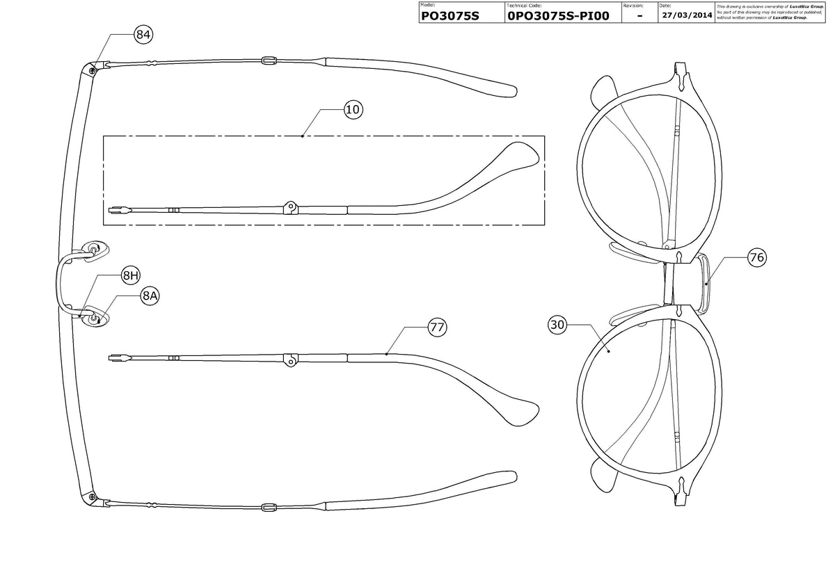 Enlarged technical drawing of the Persol PO3075S Replacement Parts