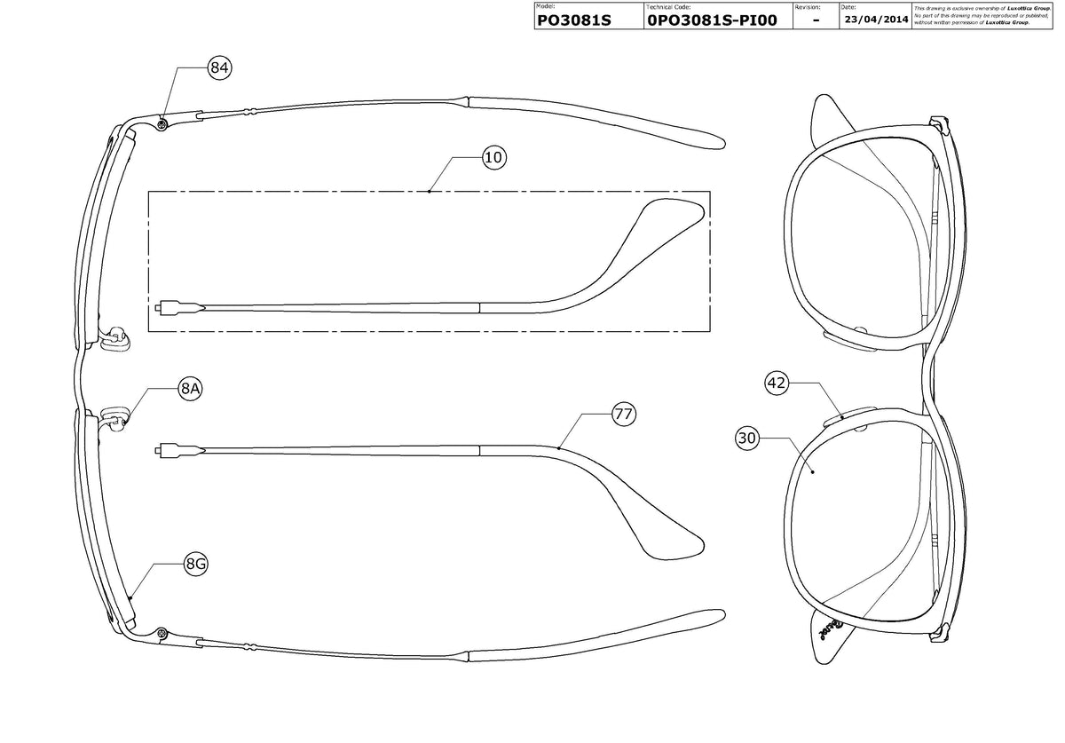 Enlarged technical drawing of the Persol PO3081S Replacement Parts