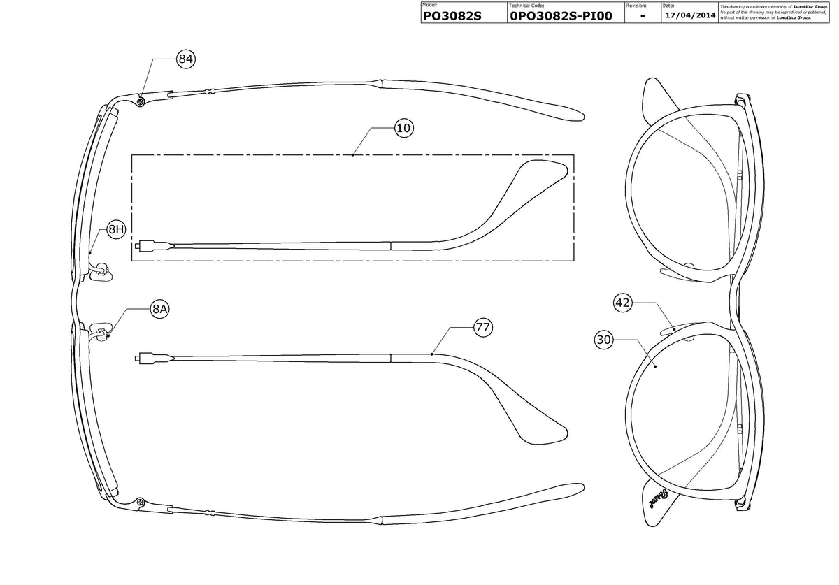 Enlarged technical drawing of the Persol PO3082S Replacement Parts