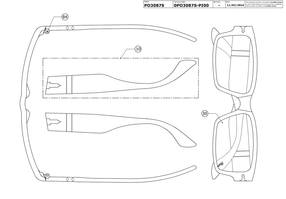 Enlarged technical drawing of the Persol PO3087S Replacement Parts