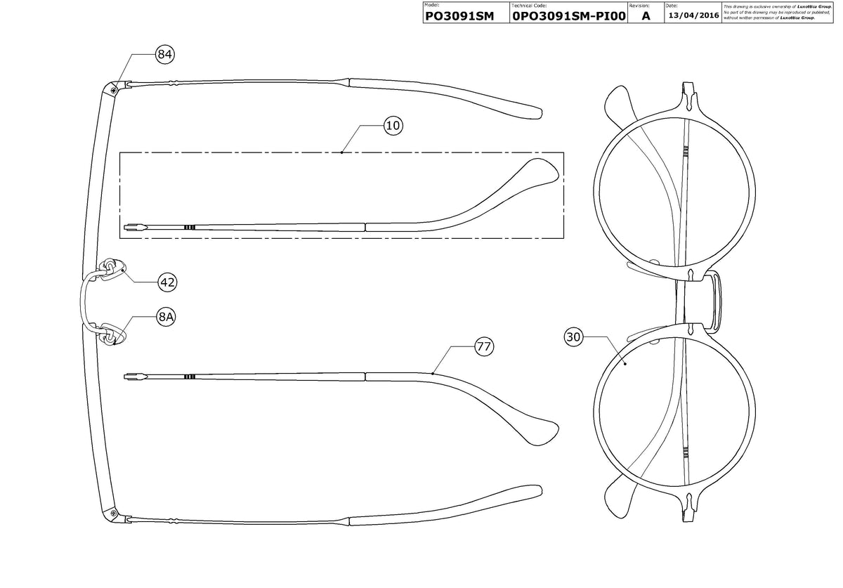 Enlarged technical drawing of the Persol PO3091SM Replacement Parts