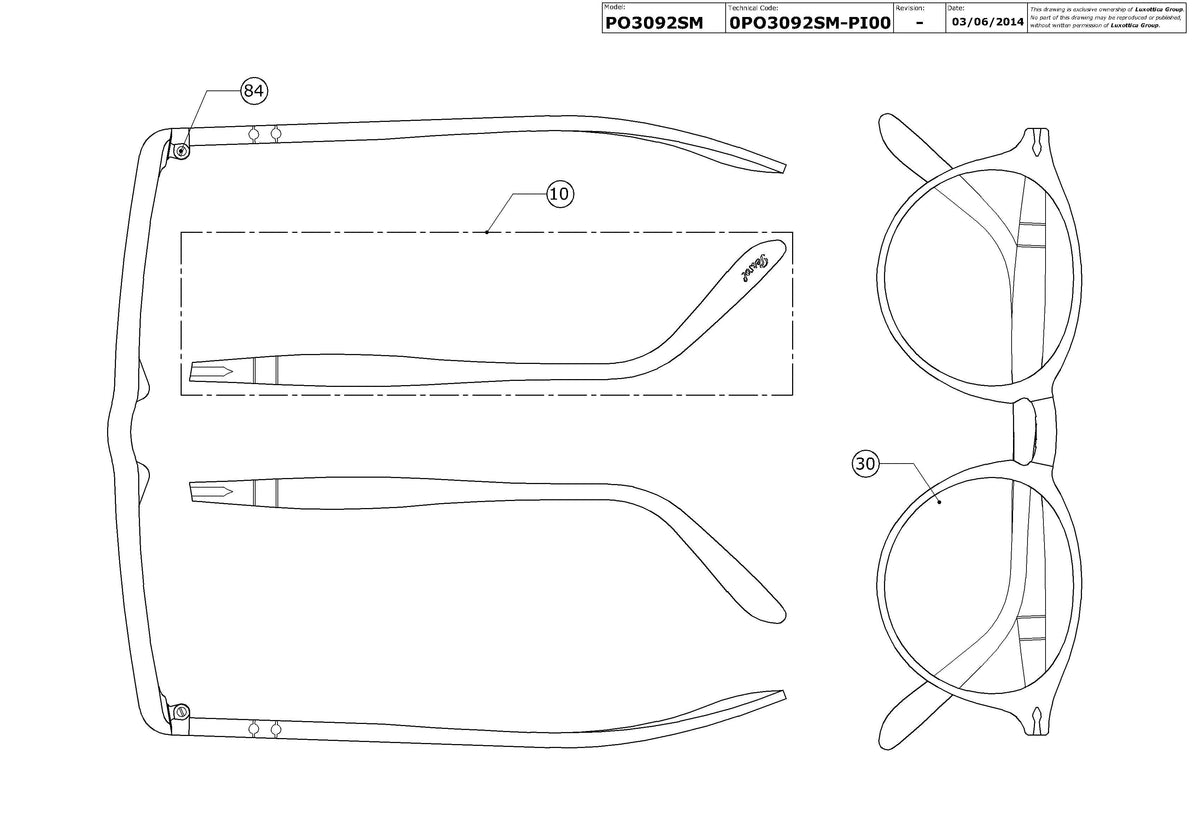 Enlarged technical drawing of the Persol PO3092SM Replacement Parts