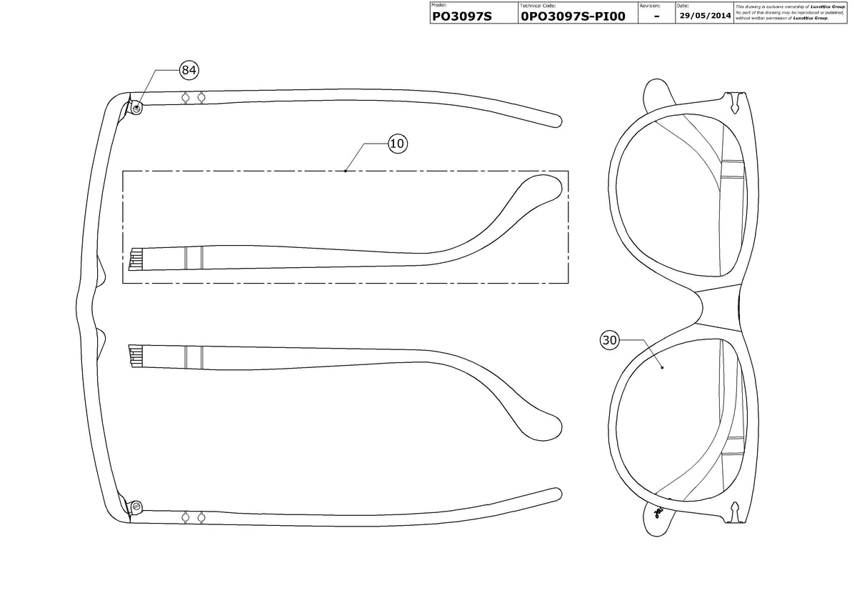 Exploded technical drawing of the Persol PO3097S Replacement Parts, with each replacement part numbered
