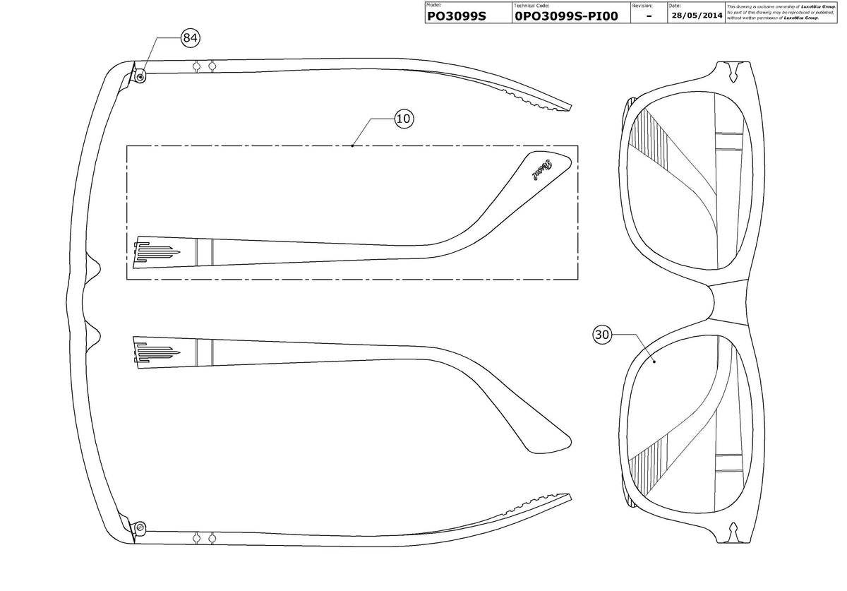 Enlarged technical drawing of the Persol PO3098S Replacement Parts