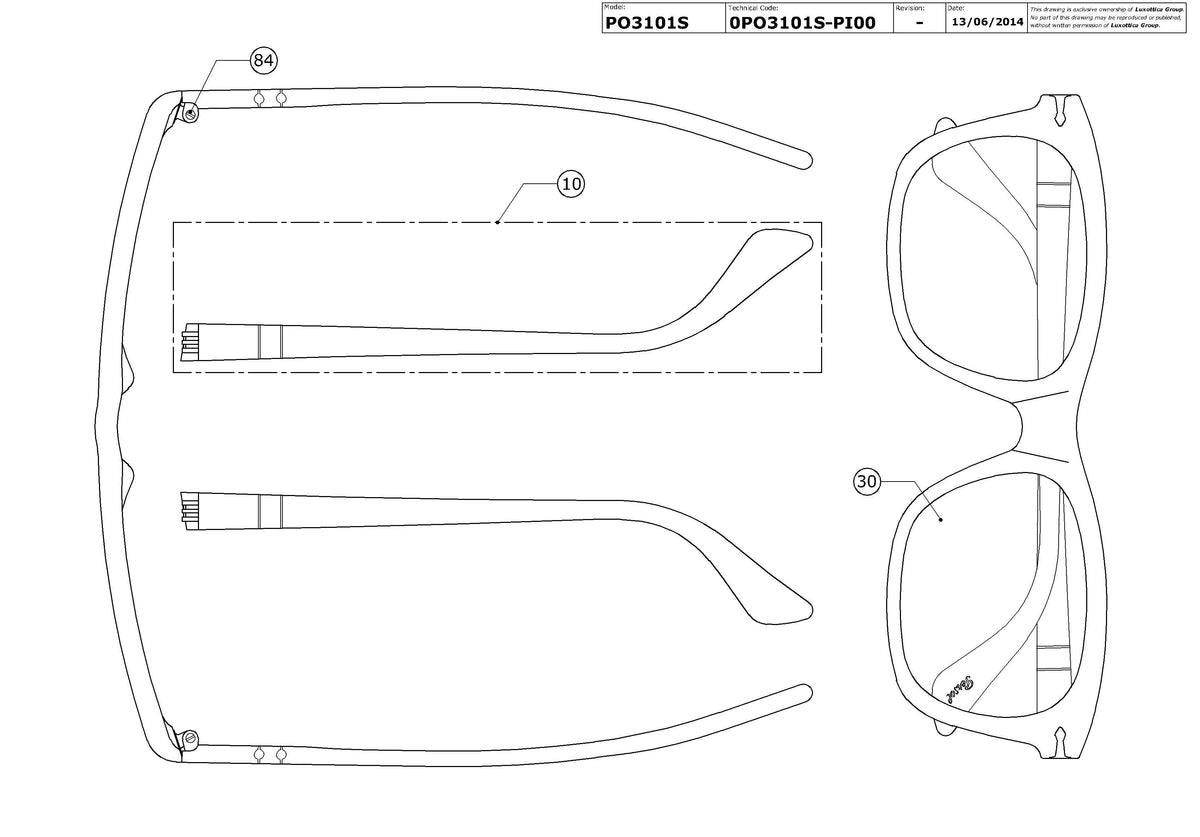 Exploded technical drawing of the Persol PO3101S Replacement Parts, with each replacement part numbered