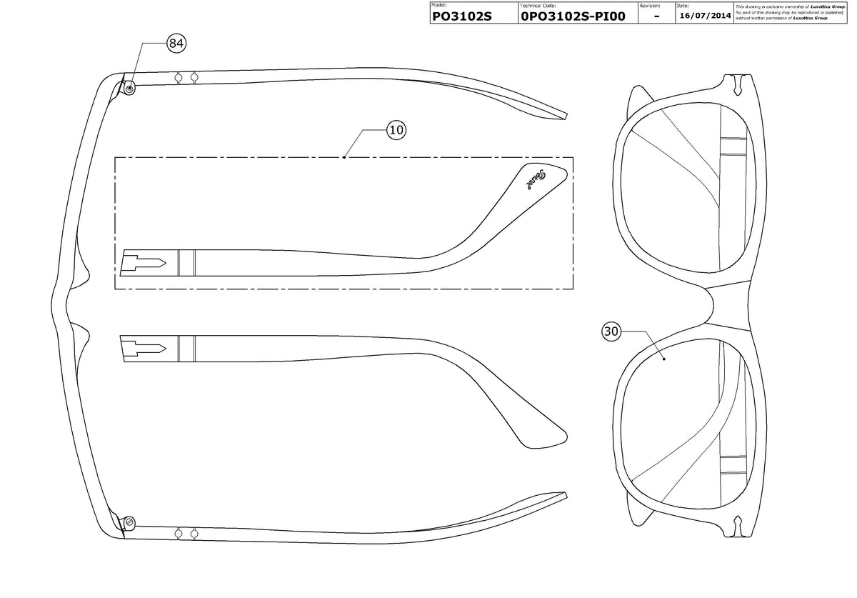 Exploded technical drawing of the Persol PO3102S Replacement Parts, with each replacement part numbered