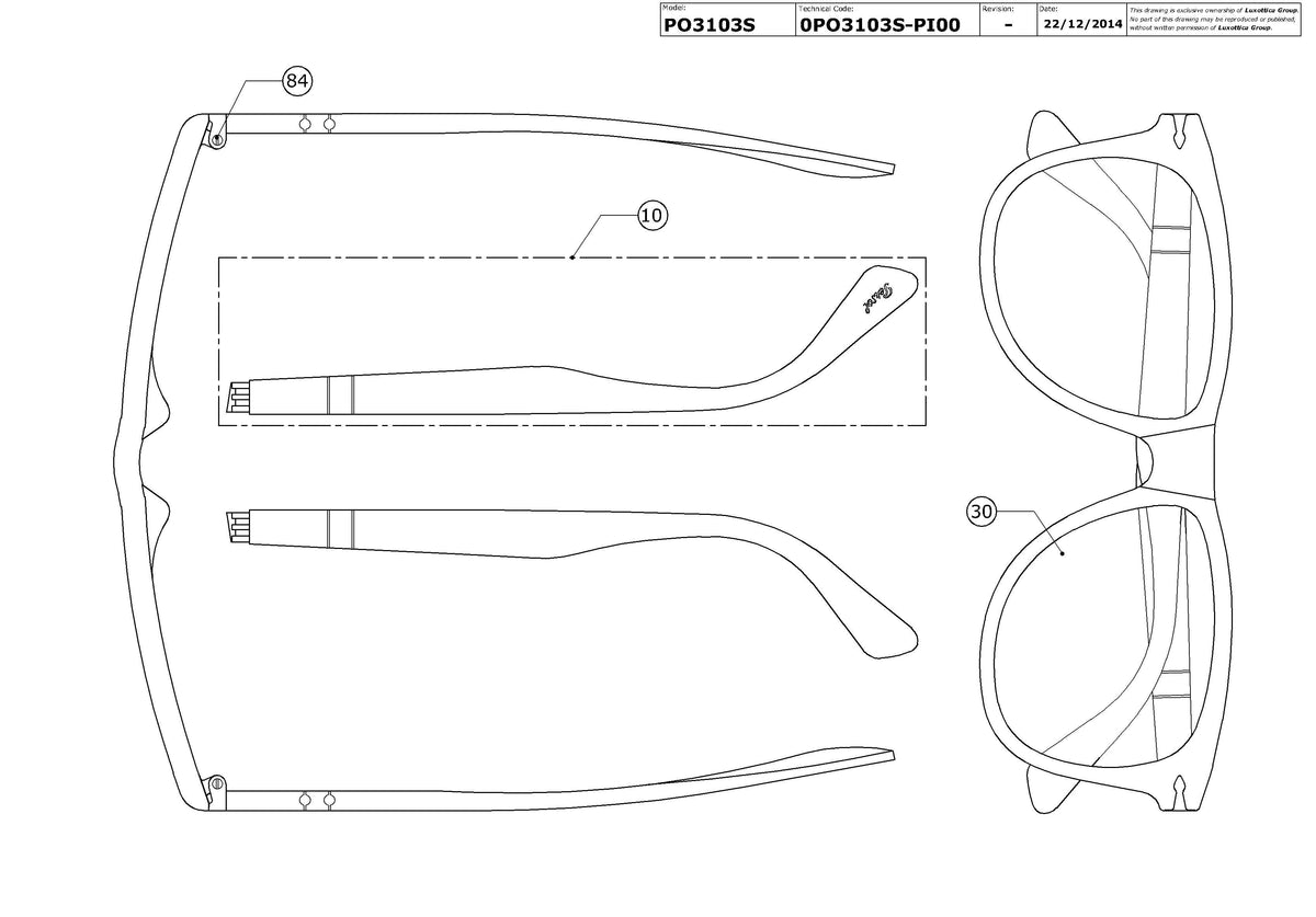 Enlarged technical drawing of the Persol PO3103S Replacement Parts
