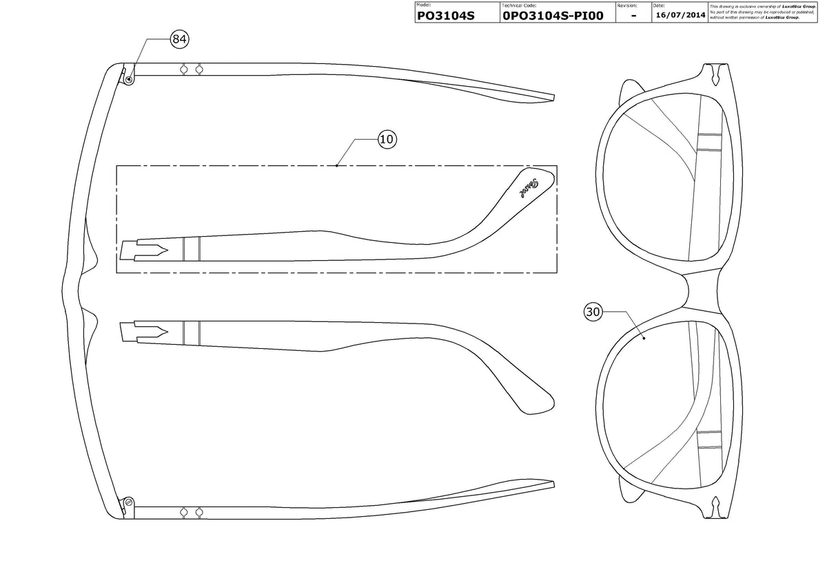 Exploded technical drawing of the Persol PO3104S Replacement Parts, with each replacement part numbered