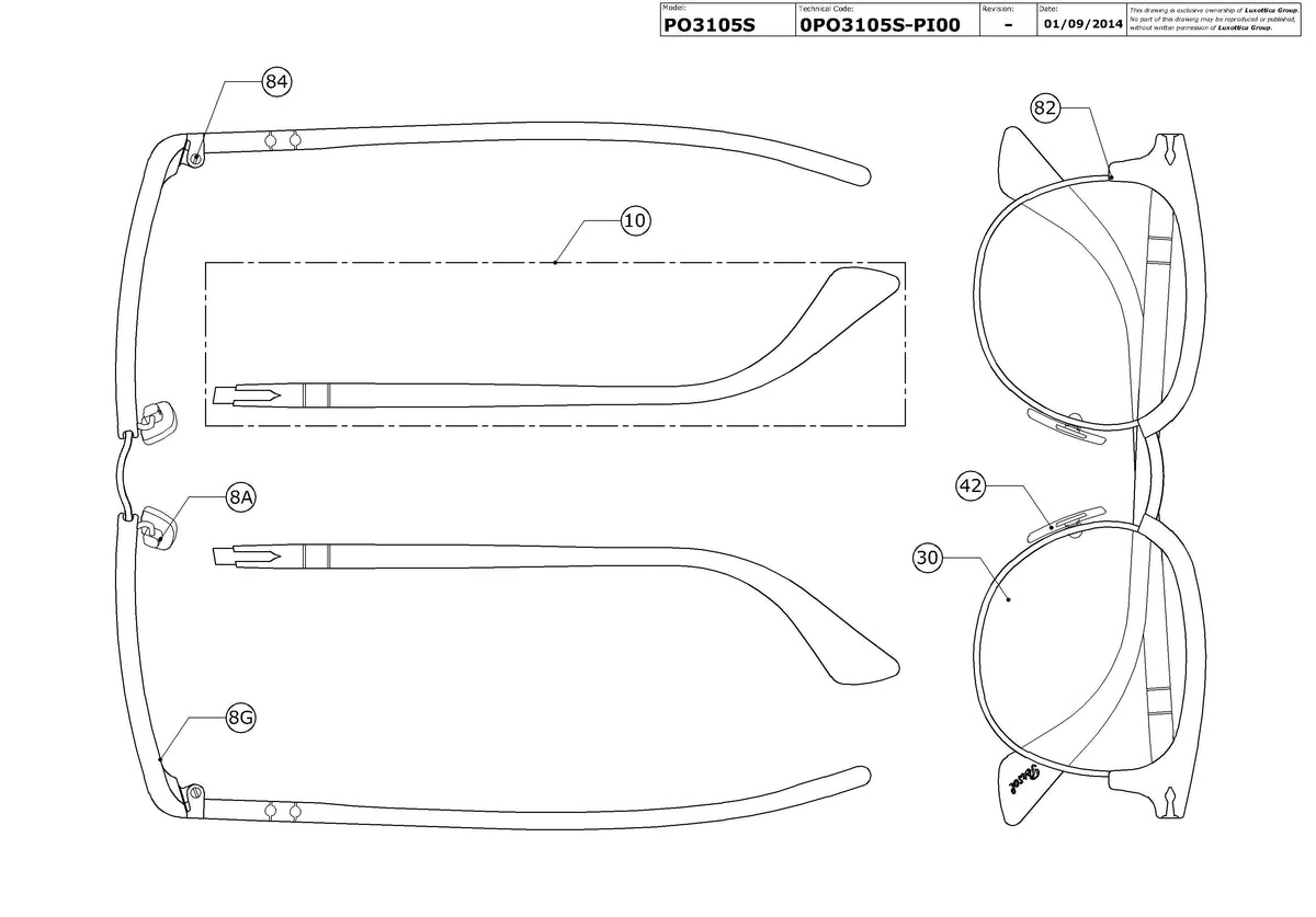 Enlarged technical drawing of the Persol PO3105S Replacement Parts