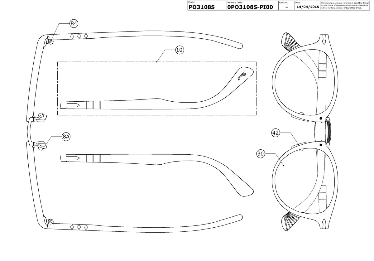 Enlarged technical drawing of the Persol PO3108S Replacement Parts