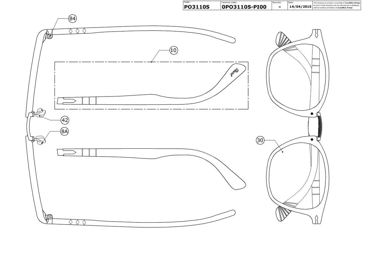 Enlarged technical drawing of the Persol PO3110S Replacement Parts