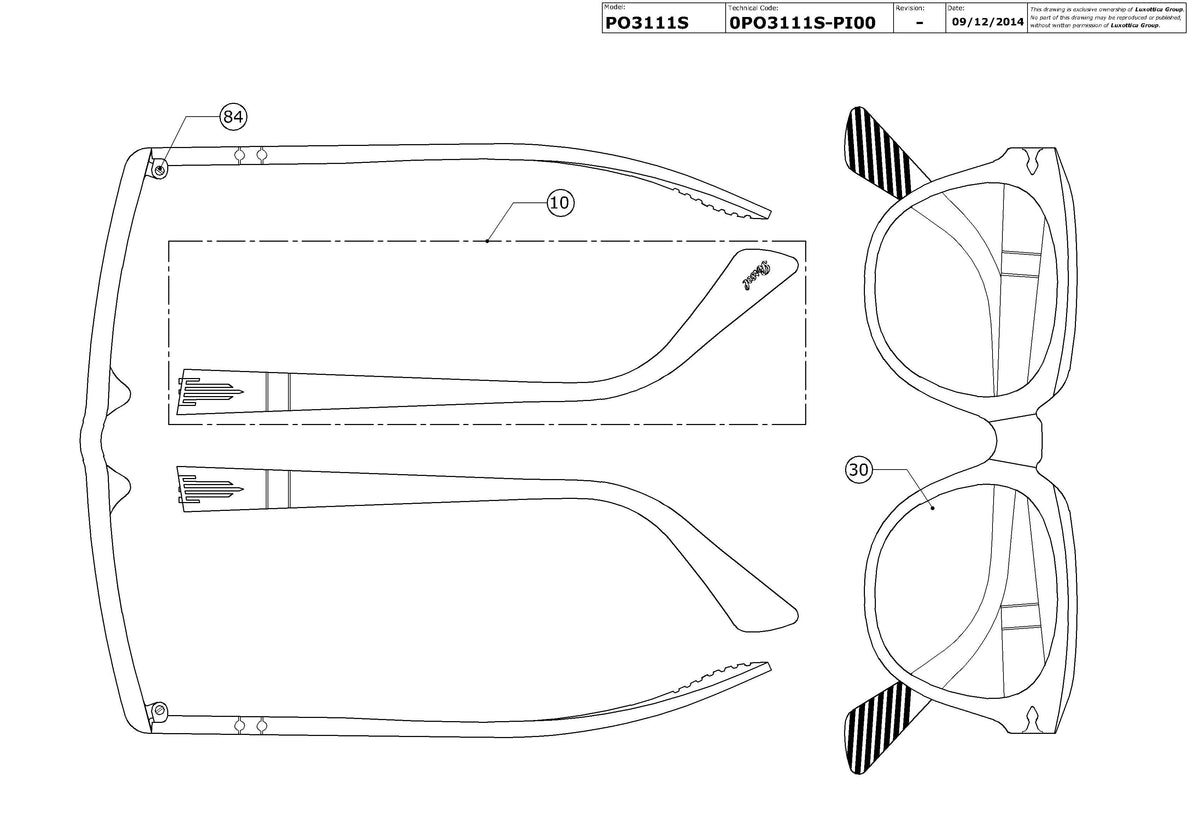 Exploded technical drawing of the Persol PO3111S Replacement Parts, with each replacement part numbered
