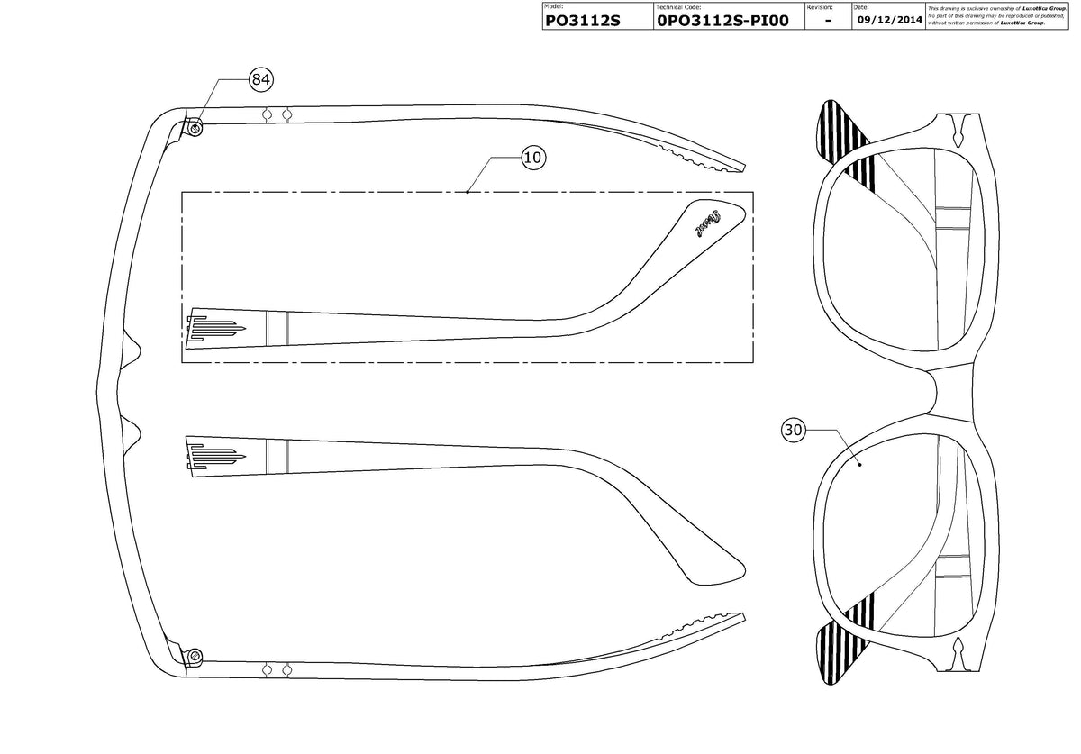 Exploded technical drawing of the Persol PO3112S Replacement Parts, with each replacement part numbered