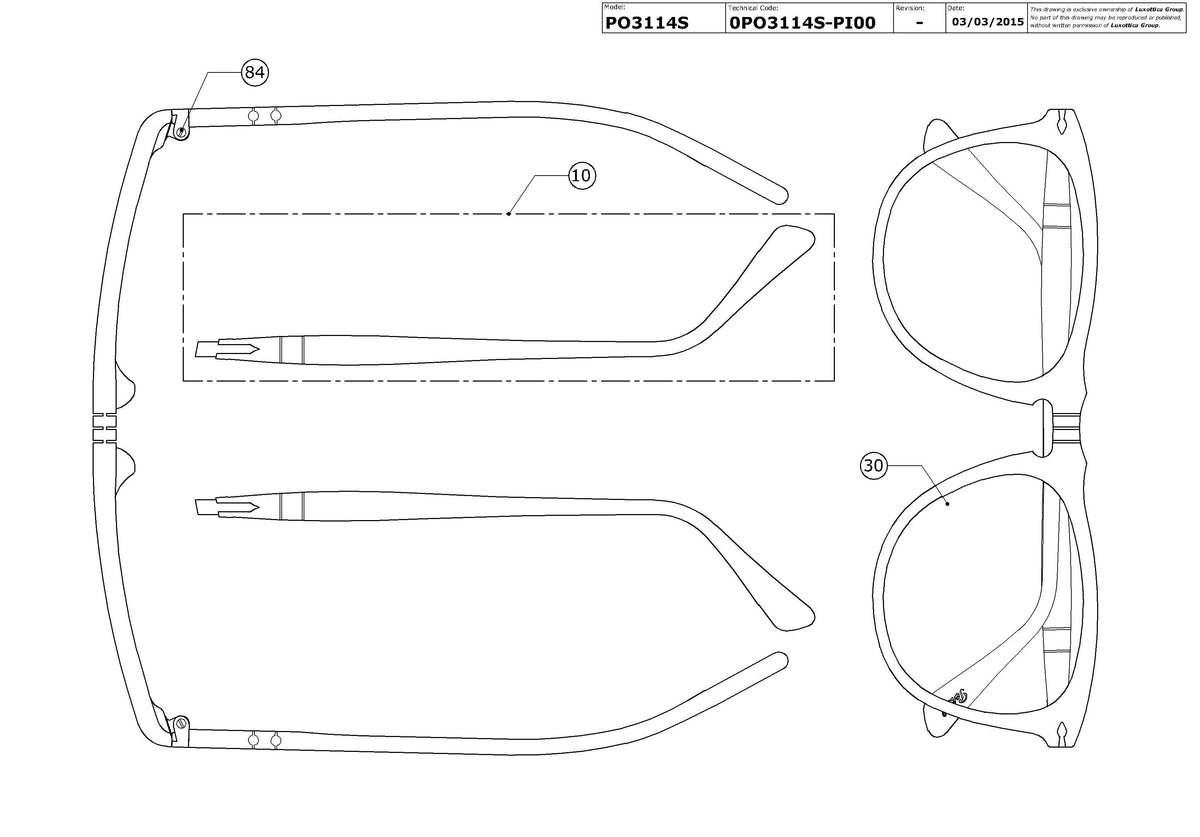 Exploded technical drawing of the Persol PO3114S Replacement Parts, with each replacement part numbered