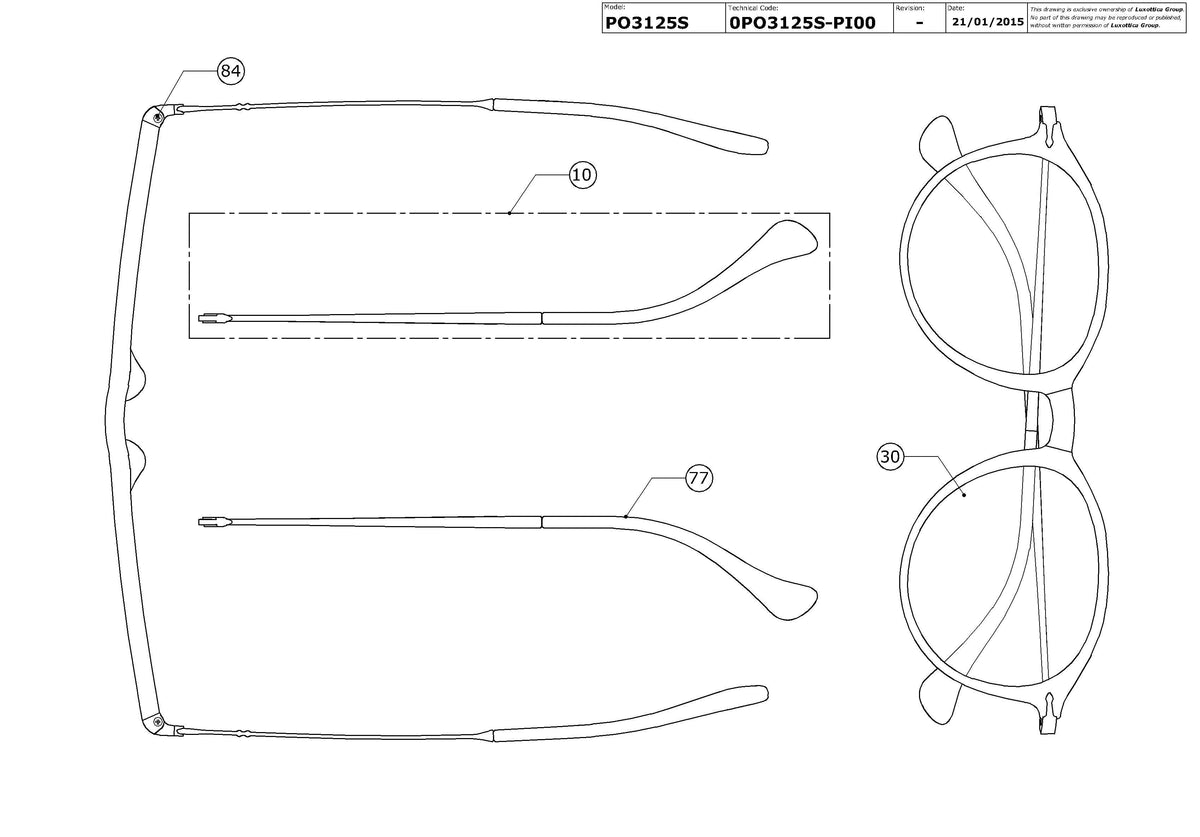 Exploded technical drawing of the Persol PO3125S Replacement Parts, with each replacement part numbered