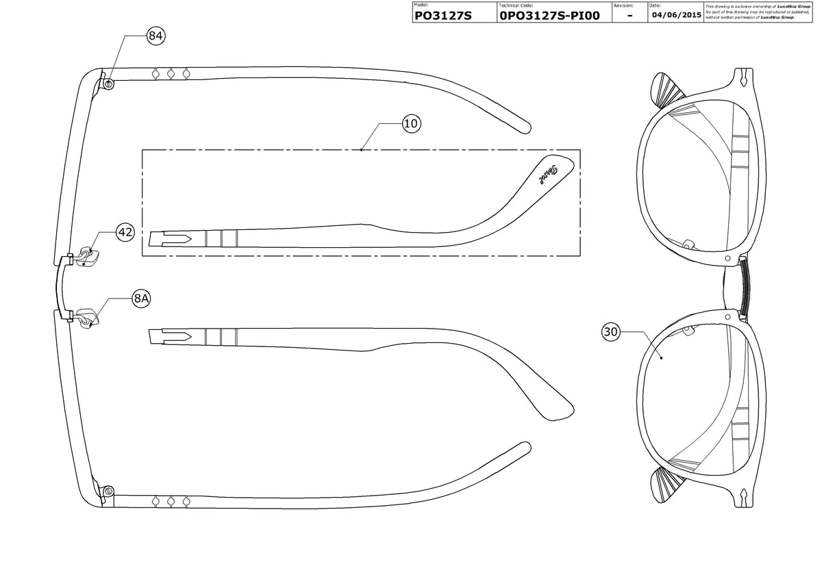 Exploded technical drawing of the Persol PO3127S Replacement Parts, with each replacement part numbered