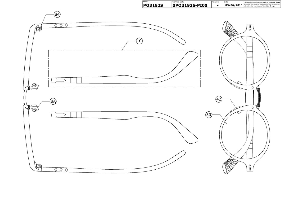 Exploded technical drawing of the Persol PO3129S Replacement Parts, with each replacement part numbered