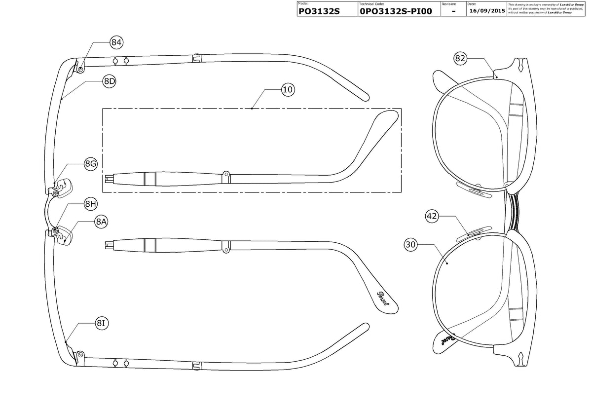 Enlarged technical drawing of the Persol PO3132S Replacement Parts