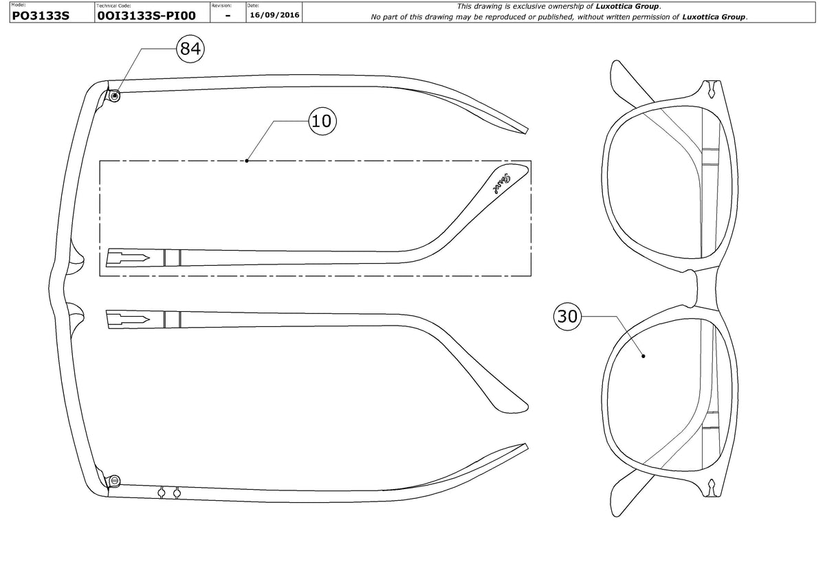Enlarged technical drawing of the Persol PO3133S Replacement Parts