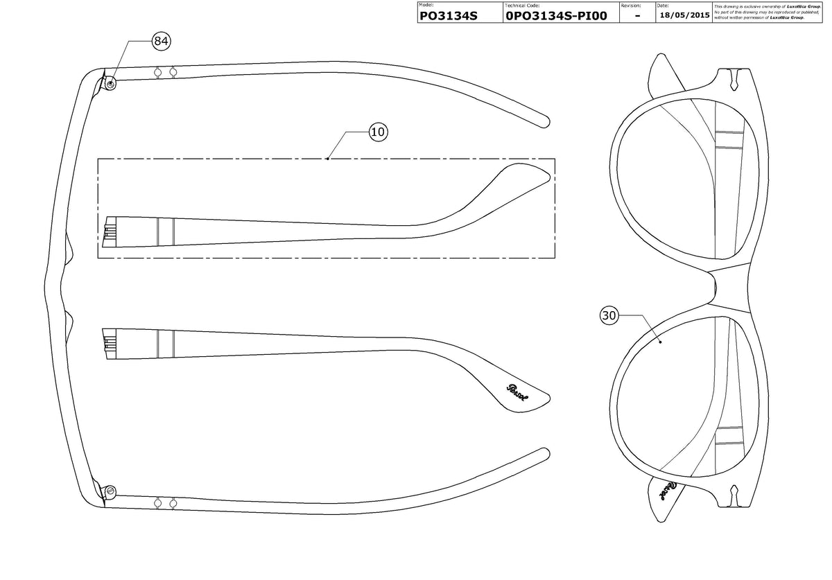 Enlarged technical drawing of the Persol PO3134S Replacement Parts