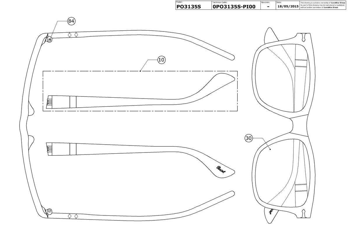 Exploded technical drawing of the Persol PO3135S Replacement Parts, with each replacement part numbered