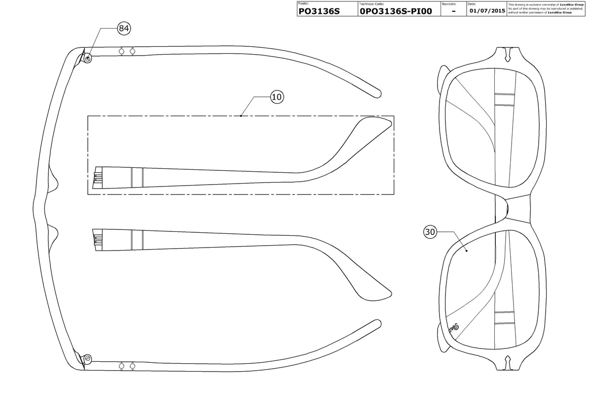 Exploded technical drawing of the Persol PO3136S Replacement Parts, with each replacement part numbered