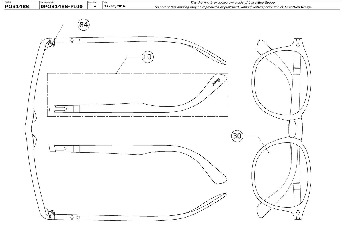 Enlarged technical drawing of the Persol PO3148S Replacement Parts