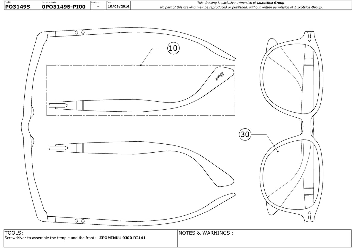 Exploded technical drawing of the Persol PO3149S Replacement Parts, with each replacement part numbered