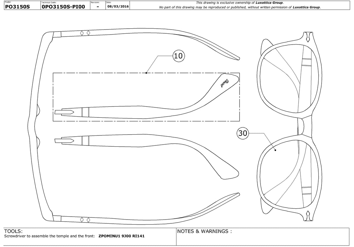 Exploded technical drawing of the Persol PO3150S Replacement Parts, with each replacement part numbered