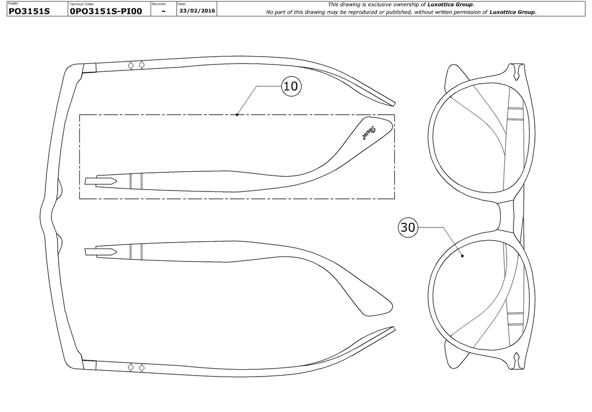 Enlarged technical drawing of the Persol PO3151S Replacement Parts