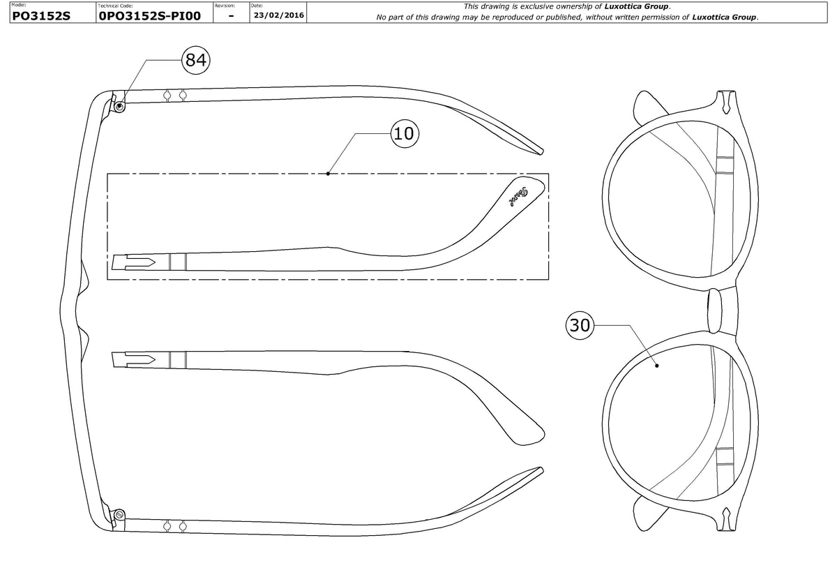 Exploded technical drawing of the Persol PO3152S Replacement Parts, with each replacement part numbered
